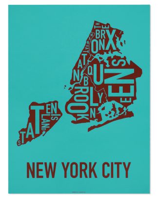New York City Boroughs Map Screenprint, Teal & Sienna, 18" x 24"