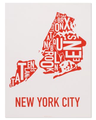 New York City Boroughs Map Screenprint, Grey & Red/Orange, 18" x 24"