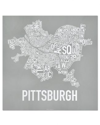 Pittsburgh Neighborhood Map Screenprint, Grey & White, 18" x 18"