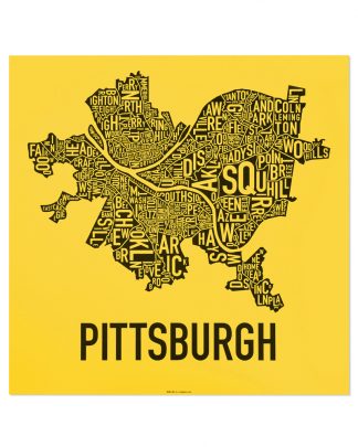 Pittsburgh Neighborhood Map Screenprint, Yellow & Black, 18" x 18"