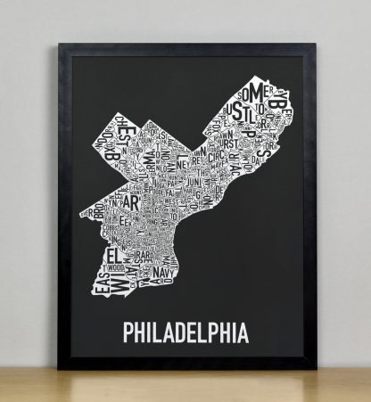 Framed Philadelphia Neighborhood Map Screenprint, Black & White, 11" x 14" in Black Frame