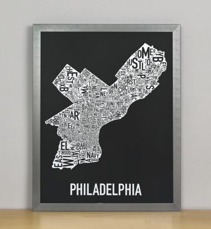 Framed Philadelphia Neighborhood Map Screenprint, Black & White, 11" x 14" in Steel Grey Frame