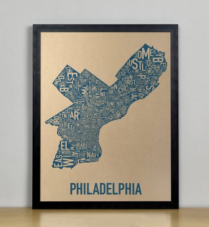 Framed Philadelphia Neighborhood Map, Gold & Blue Screenprint, 11" x 14" in Black Frame