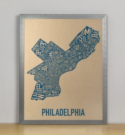 Framed Philadelphia Neighborhood Map, Gold & Blue Screenprint, 11" x 14" in Steel Grey Frame