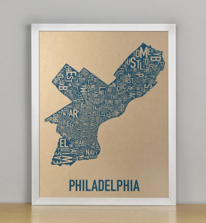 Framed Philadelphia Neighborhood Map, Gold & Blue Screenprint, 11" x 14" in Silver Frame