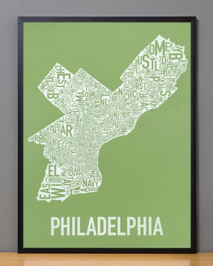 Framed Philadelphia Neighborhood Map Screenprint, Green & White, 18" x 24" in Black Frame