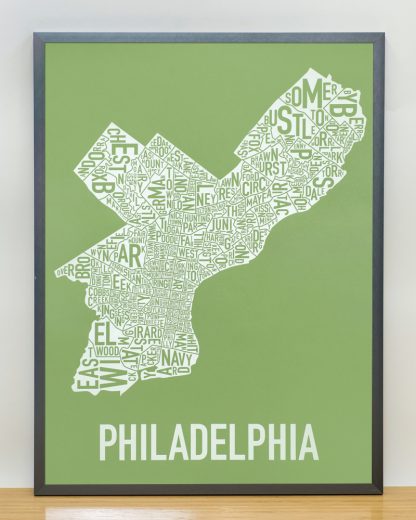 Framed Philadelphia Neighborhood Map Screenprint, Green & White, 18" x 24" in Steel Grey Frame