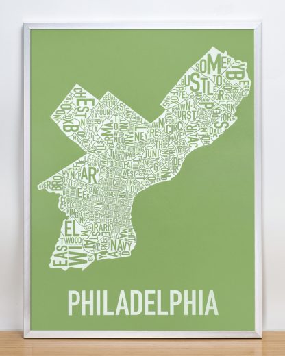 Framed Philadelphia Neighborhood Map Screenprint, Green & White, 18" x 24" in Silver Frame