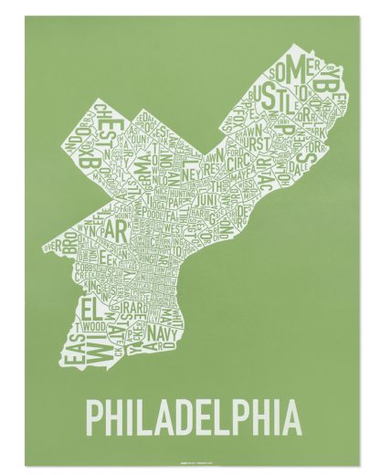 Philadelphia Neighborhood Map Screenprint, Green & White, 18" x 24"
