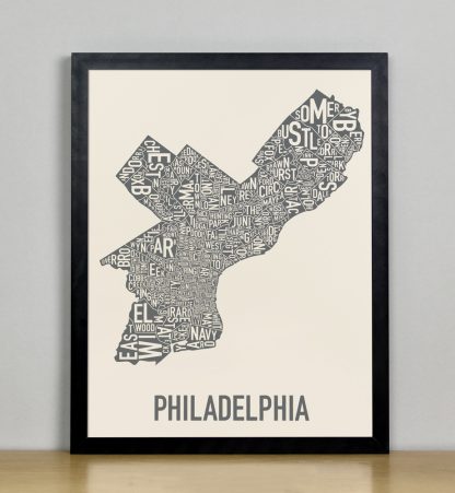 Framed Philly Neighborhood Map Screenprint, Ivory & Grey, 11" x 14" in Black Frame