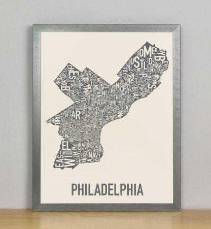 Framed Philly Neighborhood Map Screenprint, Ivory & Grey, 11" x 14" in Grey Frame