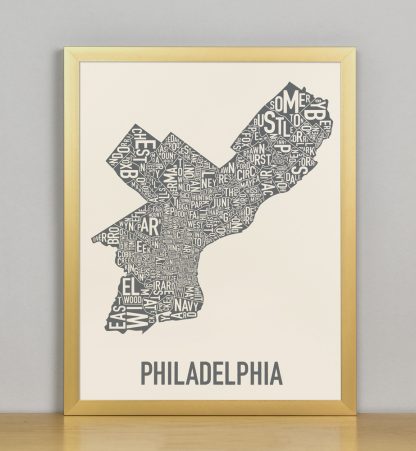 Framed Philly Neighborhood Map Screenprint, Ivory & Grey, 11" x 14" in Bronze Frame