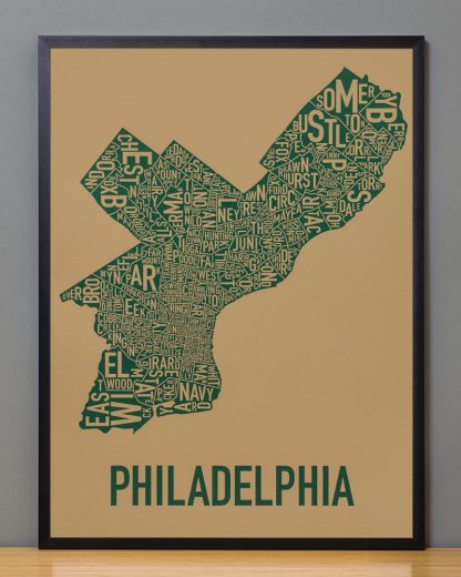 Framed Philadelphia Neighborhood Map Screenprint, Tan & Green, 18" x 24" in Black Frame