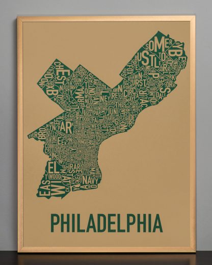 Framed Philadelphia Neighborhood Map Screenprint, Tan & Green, 18" x 24" in Bronze Frame