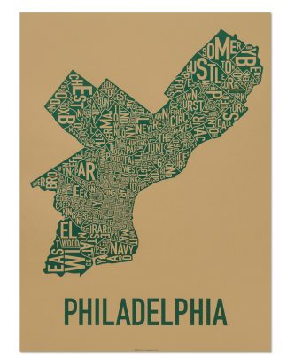 Philadelphia Neighborhood Map Screenprint, Tan & Green, 18" x 24"