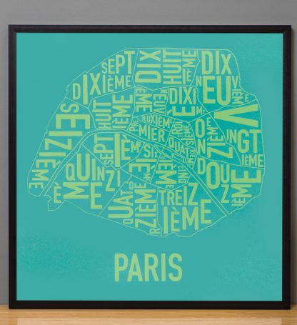 Framed Paris Arrondissements Map Screenprint, Teal & Lime, 20" x 20" in Black Frame