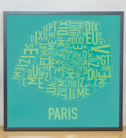 Framed Paris Arrondissements Map Screenprint, Teal & Lime, 20" x 20" in Steel Grey Frame