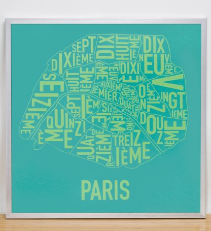 Framed Paris Arrondissements Map Screenprint, Teal & Lime, 20" x 20" in Silver Frame