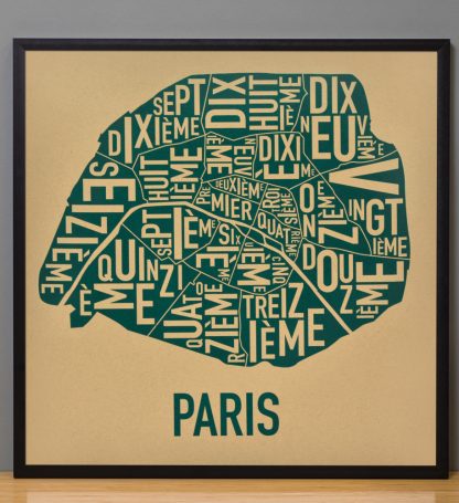 Framed Paris Arrondissements Map Screenprint, Tan & Teal, 20" x 20" in Black Frame