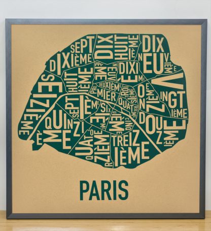 Framed Paris Arrondissements Map Screenprint, Tan & Teal, 20" x 20" in Steel Grey Frame