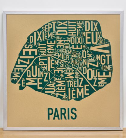 Framed Paris Arrondissements Map Screenprint, Tan & Teal, 20" x 20" in Silver Frame
