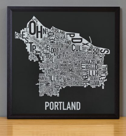 Framed Portland Neighborhood Map, Black & White Screenprint, 12.5" x 12.5" in Black Frame