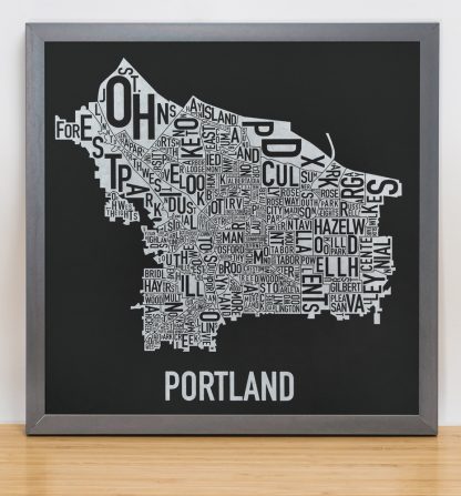 Framed Portland Neighborhood Map, Black & White Screenprint, 12.5" x 12.5" in Steel Grey Frame