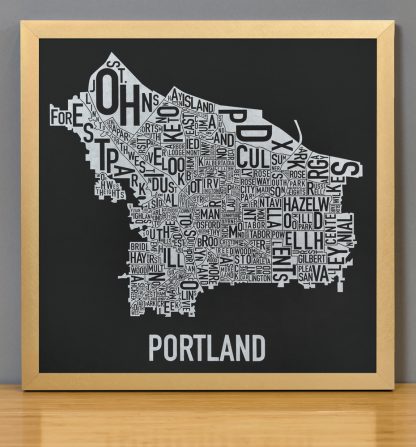Framed Portland Neighborhood Map, Black & White Screenprint, 12.5" x 12.5" in Bronze Frame