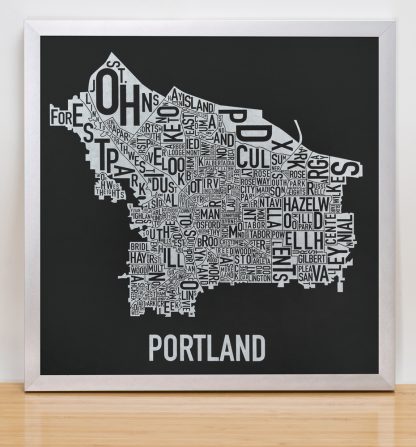 Framed Portland Neighborhood Map, Black & White Screenprint, 12.5" x 12.5" in Silver Frame
