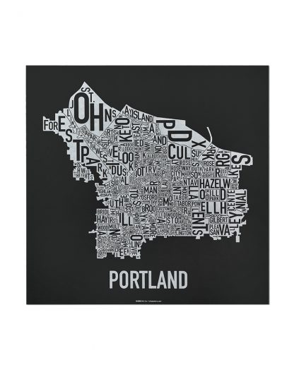 Portland Neighborhood Map, Black & White Screenprint, 12.5" x 12.5"