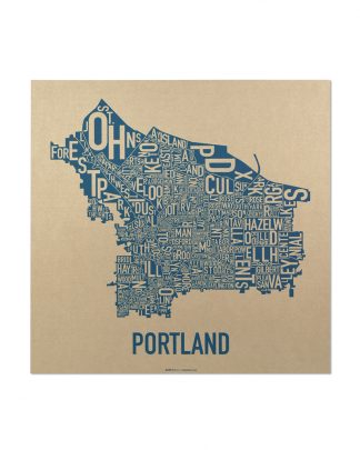 Portland Oregon Neighborhood Map, Gold & Blue Screenprint, 12.5" x 12.5"