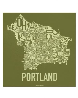 Portland Neighborhood Map Screenprint, Green & Green, 18" x 18"