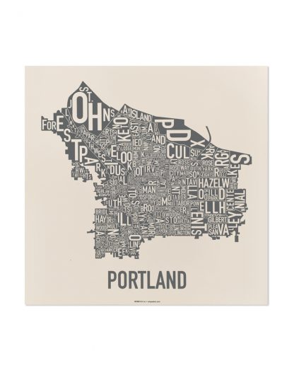 Portland Neighborhood Map, 12.5" x 12.5", Ivory & Grey Screenprint