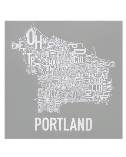Portland Neighborhood Map, Grey & White Screenprint, 18" x 18"