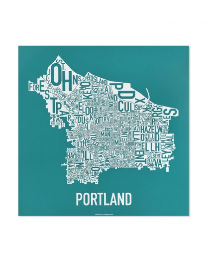 Portland Neighborhood Map Screenprint, Teal & White, 12.5" x 12.5"