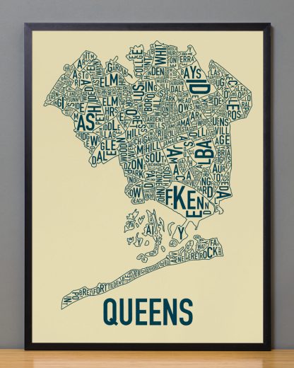 Framed Queens Neighborhood Map, Tan & Navy Screenprint, 18" x 24" in Black Frame