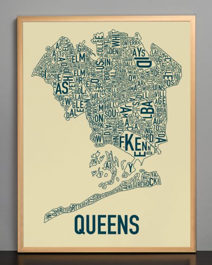 Framed Queens Neighborhood Map, Tan & Navy Screenprint, 18" x 24" in Bronze Frame