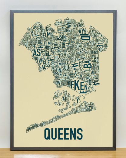 Framed Queens Neighborhood Map, Tan & Navy Screenprint, 18" x 24" in Steel Grey Frame