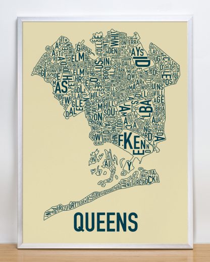 Framed Queens Neighborhood Map, Tan & Navy Screenprint, 18" x 24" in Silver Frame