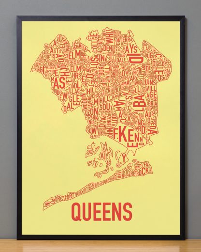 Framed Queens Neighborhood Map, Yellow & Coral Screenprint, 18" x 24" in Black Frame