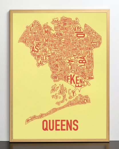 Framed Queens Neighborhood Map, Yellow & Coral Screenprint, 18" x 24" in Bronze Frame