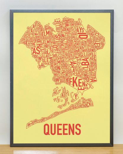 Framed Queens Neighborhood Map, Yellow & Coral Screenprint, 18" x 24" in Steel Grey Frame