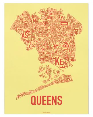 Queens Neighborhood Map, Yellow & Coral Screenprint, 18" x 24"
