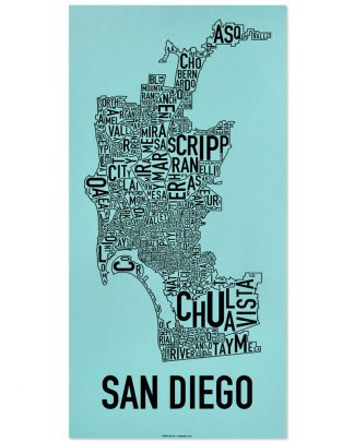 San Diego Neighborhood Map Screenprint, Turquoise & Black, 13" x 26"
