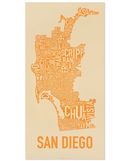 San Diego Neighborhood Map Screenprint, Tan & Orange, 13" x 26"