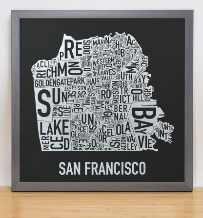 Framed San Francisco Neighborhood Map, Black & White Screenprint, 12.5" x 12.5" in Steel Grey Frame