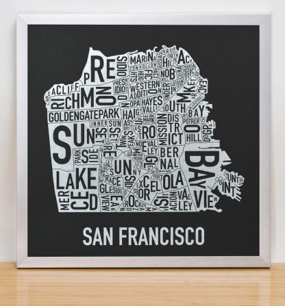 Framed San Francisco Neighborhood Map, Black & White Screenprint, 12.5" x 12.5" in Silver Frame