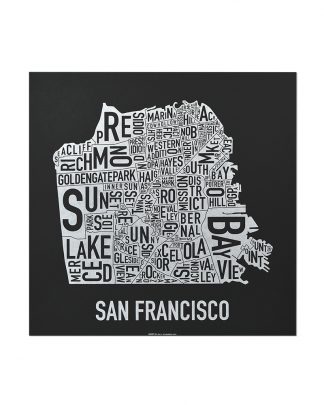 San Francisco Neighborhood Map, Black & White Screenprint, 12.5" x 12.5"