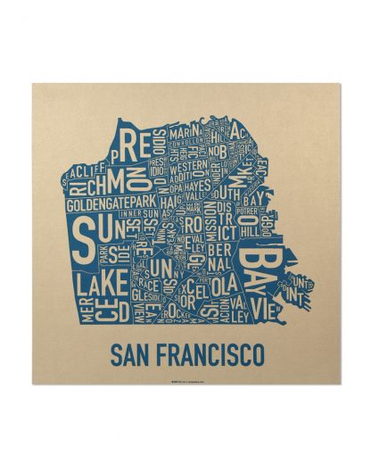 San Francisco Neighborhood Map, Gold & Blue Screenprint, 12.5" x 12.5"