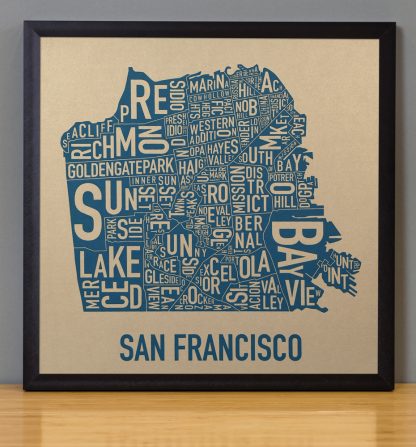 Framed San Francisco Neighborhood Map, Gold & Blue Screenprint, 12.5" x 12.5" in Black Frame